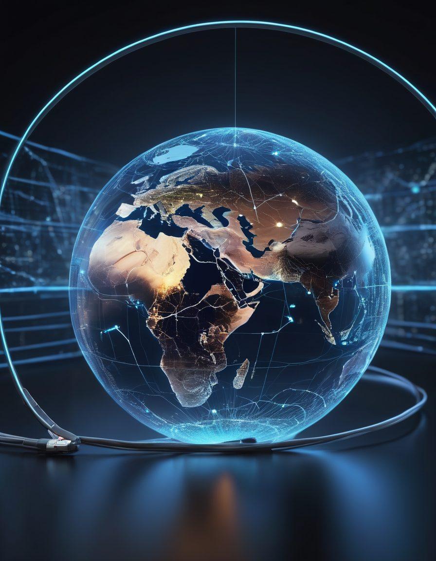 A dynamic visual representation of internet speed, featuring a glowing network cable connected to a globe, with digital graphs showing fluctuating ping and latency statistics in the background. Include vibrant signals radiating from the globe, symbolizing data flow and connectivity. The scene should depict a contrasting landscape of urban and rural areas, showcasing the diverse factors affecting internet speed. ultra-realistic. vibrant colors. technology-inspired.