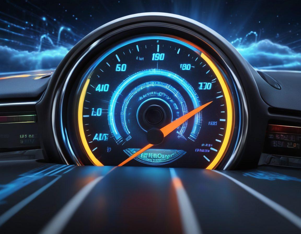 A visually engaging collage showcasing internet speed elements: a speedometer with vibrant needle indicating high speed, a computer screen displaying a loading bar, and a backdrop of fiber optic cables glowing with energy. Include digital symbols representing data transfer, like arrows and cloud icons. The atmosphere should convey technology and connectivity. super-realistic. vibrant colors. 3D.