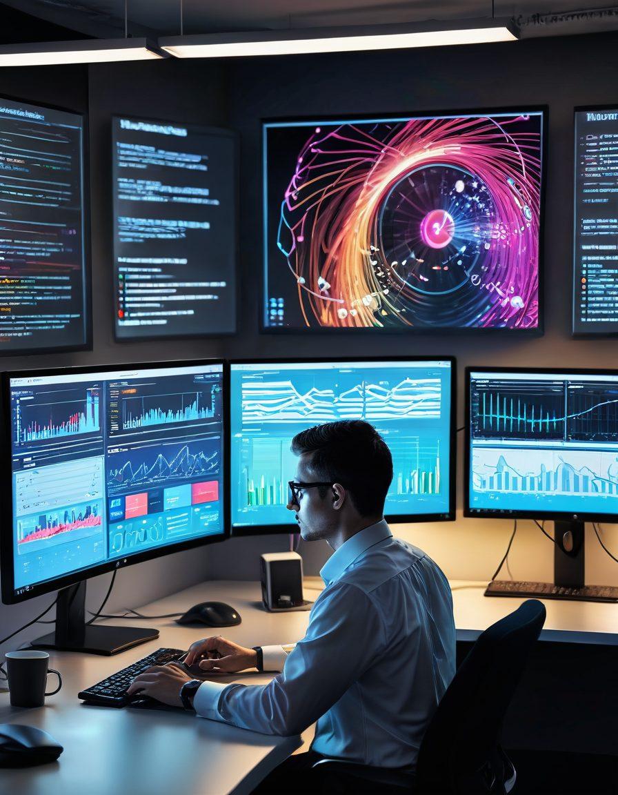 A visually engaging scene depicting a person sitting in front of multiple computer screens displaying network performance graphs and metrics. Include elements like arrows symbolizing data flow, wi-fi signals, and a clock representing real-time monitoring. The background should have a modern office setting with a motivational poster about technology. Use vibrant colors to enhance the techy feel. super-realistic. vibrant colors. digital art.